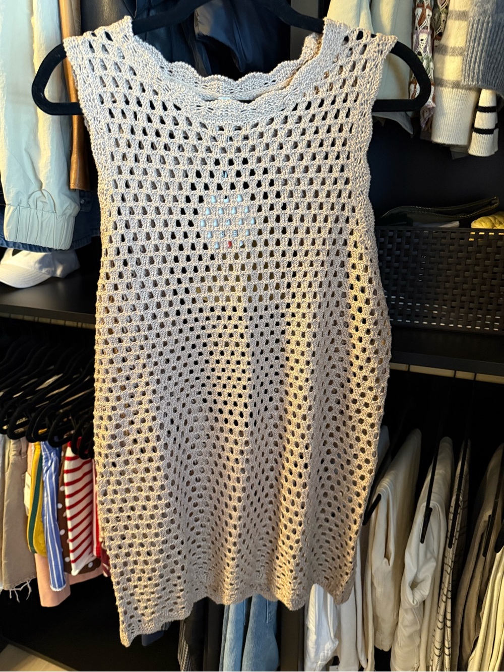 Beige Crochet Swim Coverup Tunic - Sleeveless Beach Layer